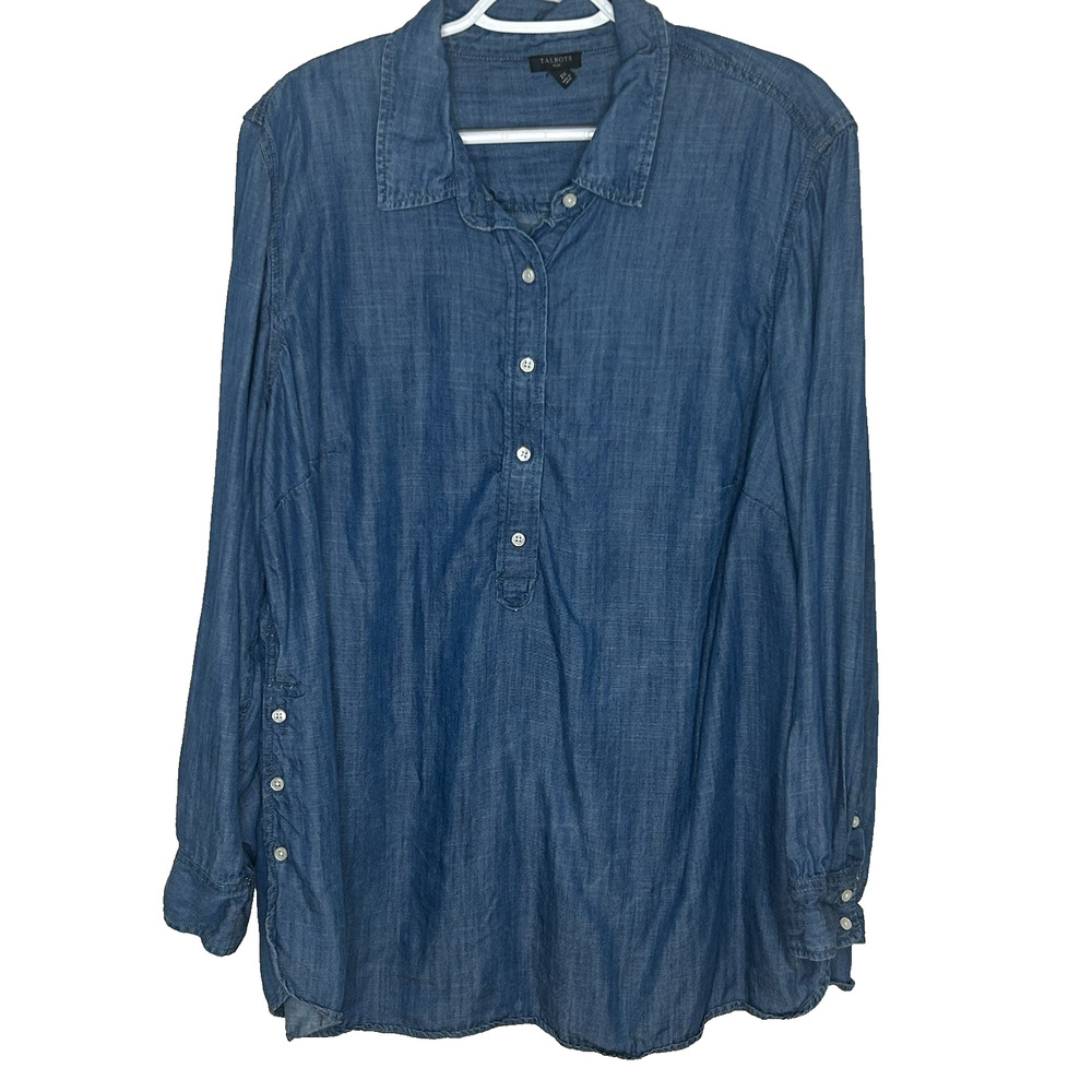 Talbots Chambray Tunic Long Shirt Size 2X Blue Tencel Popover Buttons